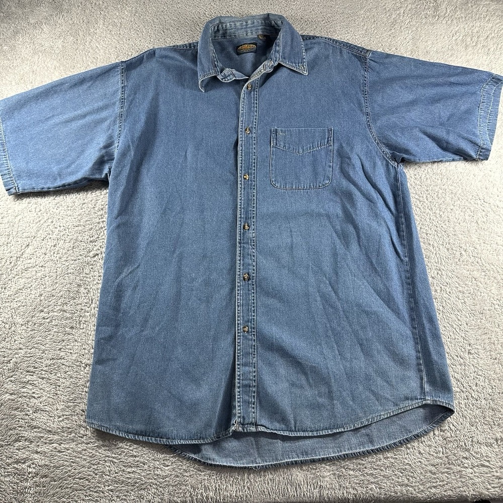 VINTAGE Chambray Shirt Mens XLT Blue Button Up Short Sleeve‎ Sandy River Pocket
